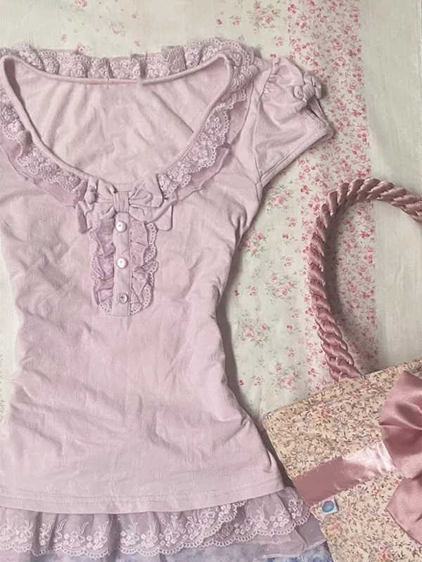 Retro Lace Soft Girl T-shirt - Image 2