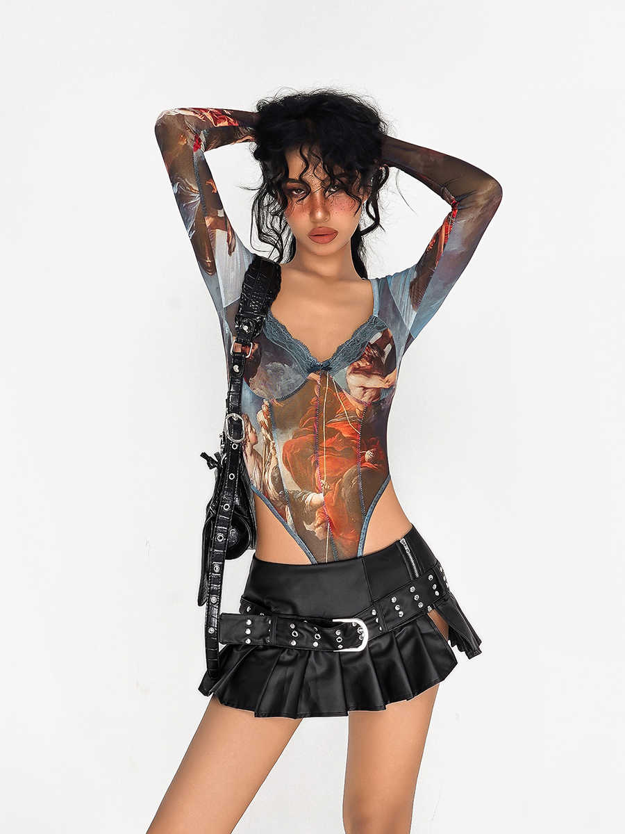 Retro Mesh Printed Bodysuit - Image 2