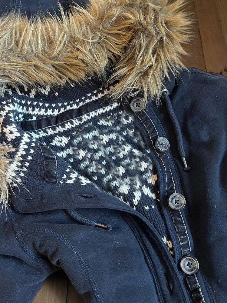retro navy fur collar hooded jacket - Image 2