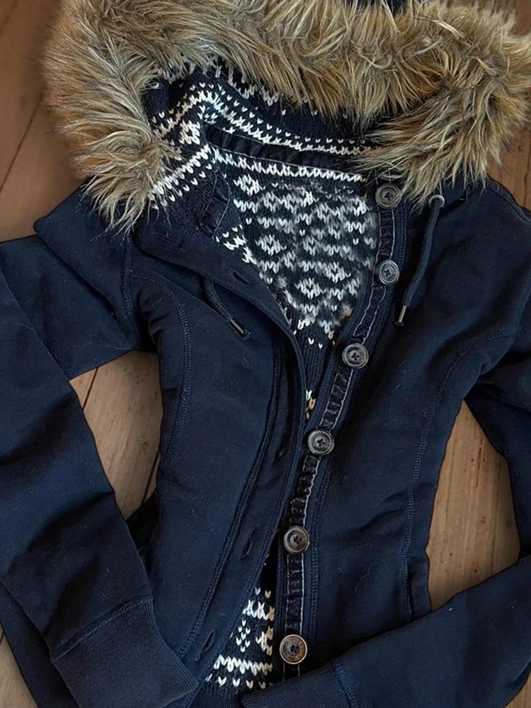 retro navy fur collar hooded jacket - Image 4