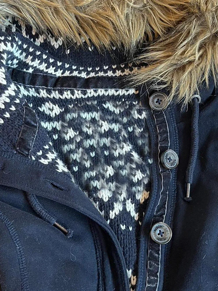 retro navy fur collar hooded jacket - Image 5