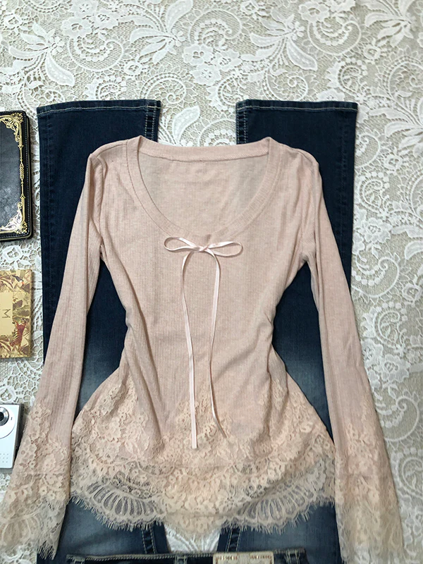 retro pink lace chiffon long-sleeved top - Image 2
