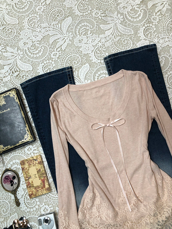 retro pink lace chiffon long-sleeved top - Image 3