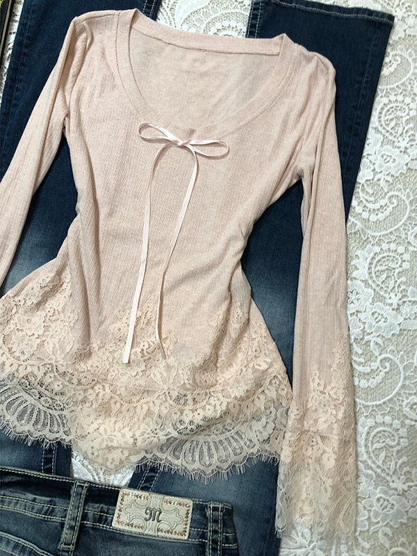 retro pink lace chiffon long-sleeved top - Image 4