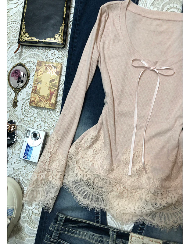 retro pink lace chiffon long-sleeved top - Image 5