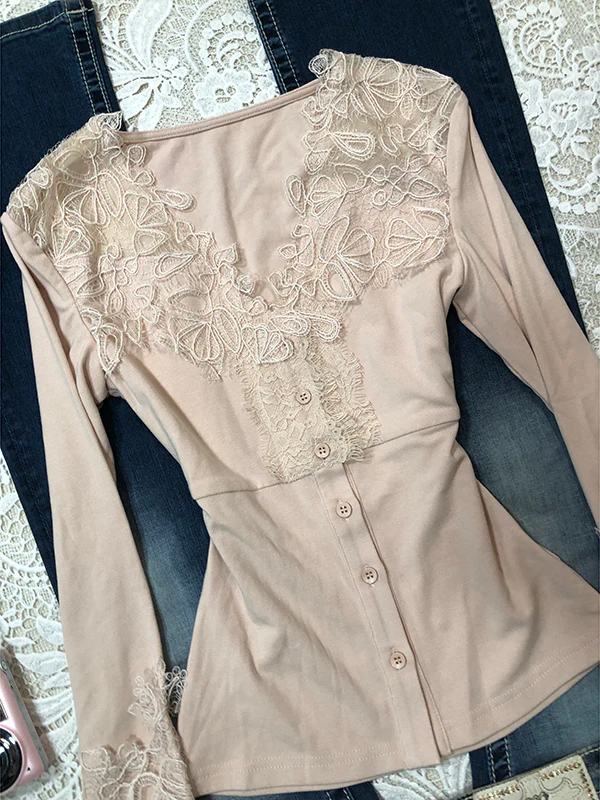 retro pink V-neck lace splicing long-sleeved top - Image 2