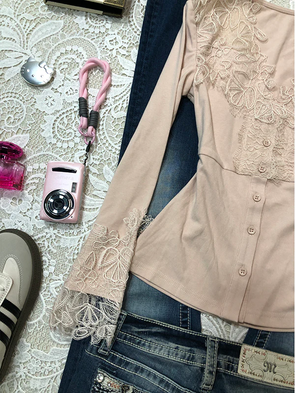 retro pink V-neck lace splicing long-sleeved top - Image 5