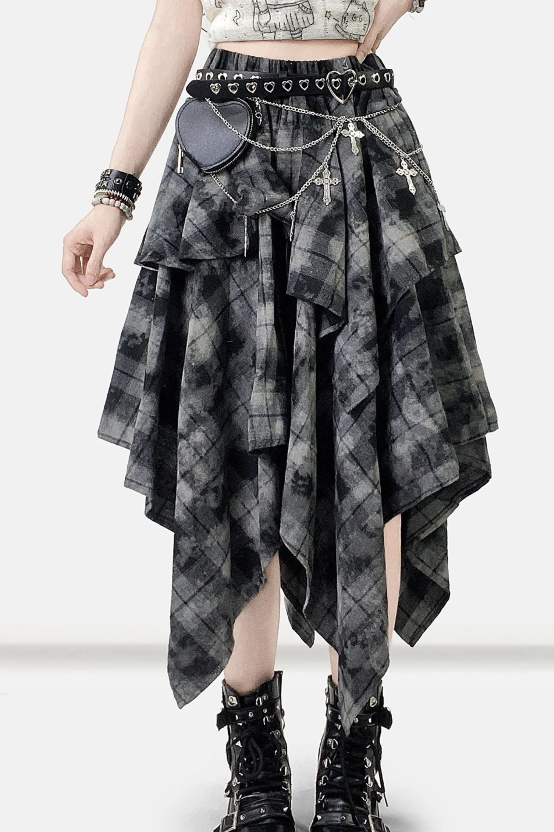 Retro Check Asymmetrical Skirt