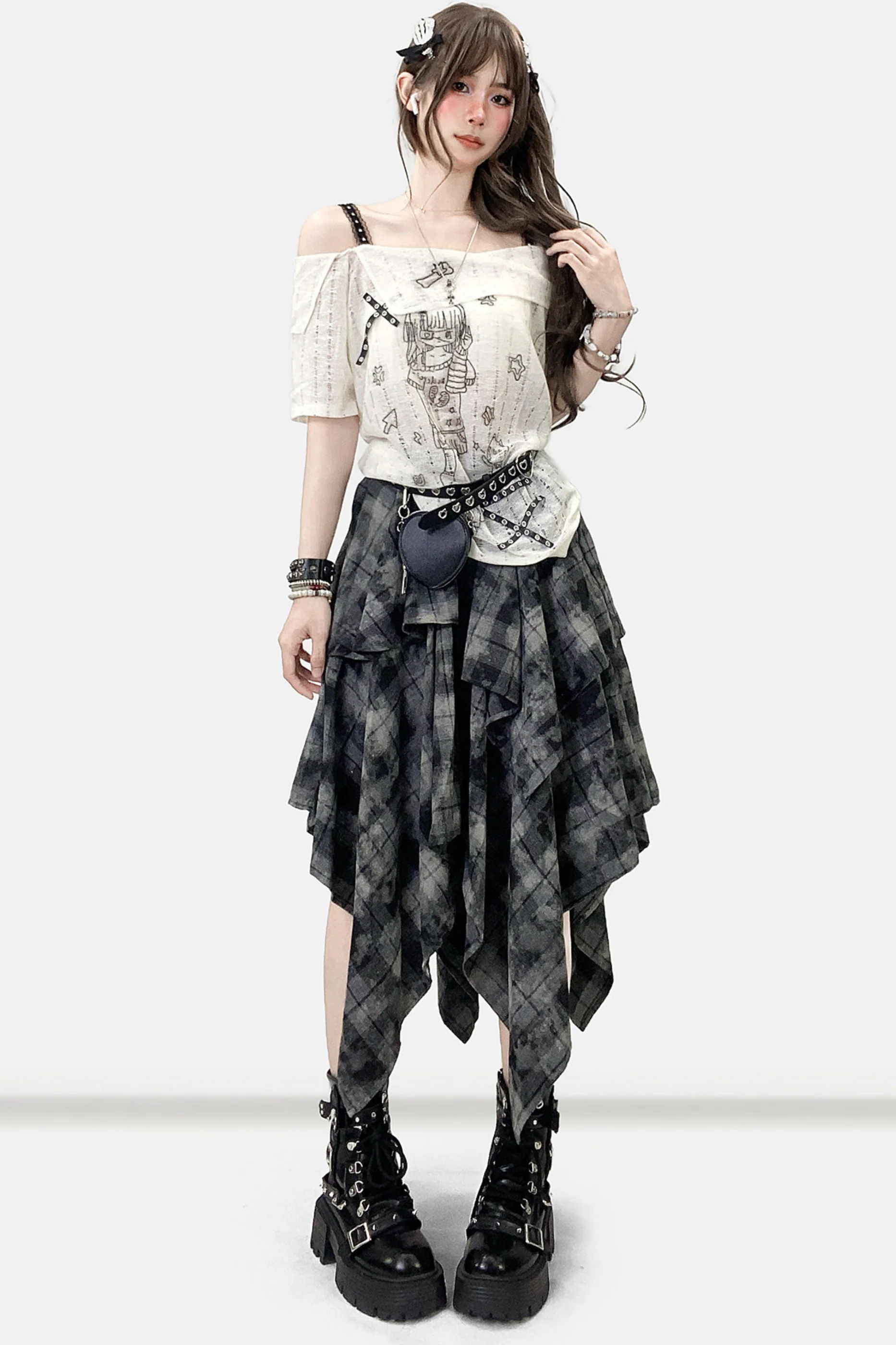 Retro Check Asymmetrical Skirt - Image 3