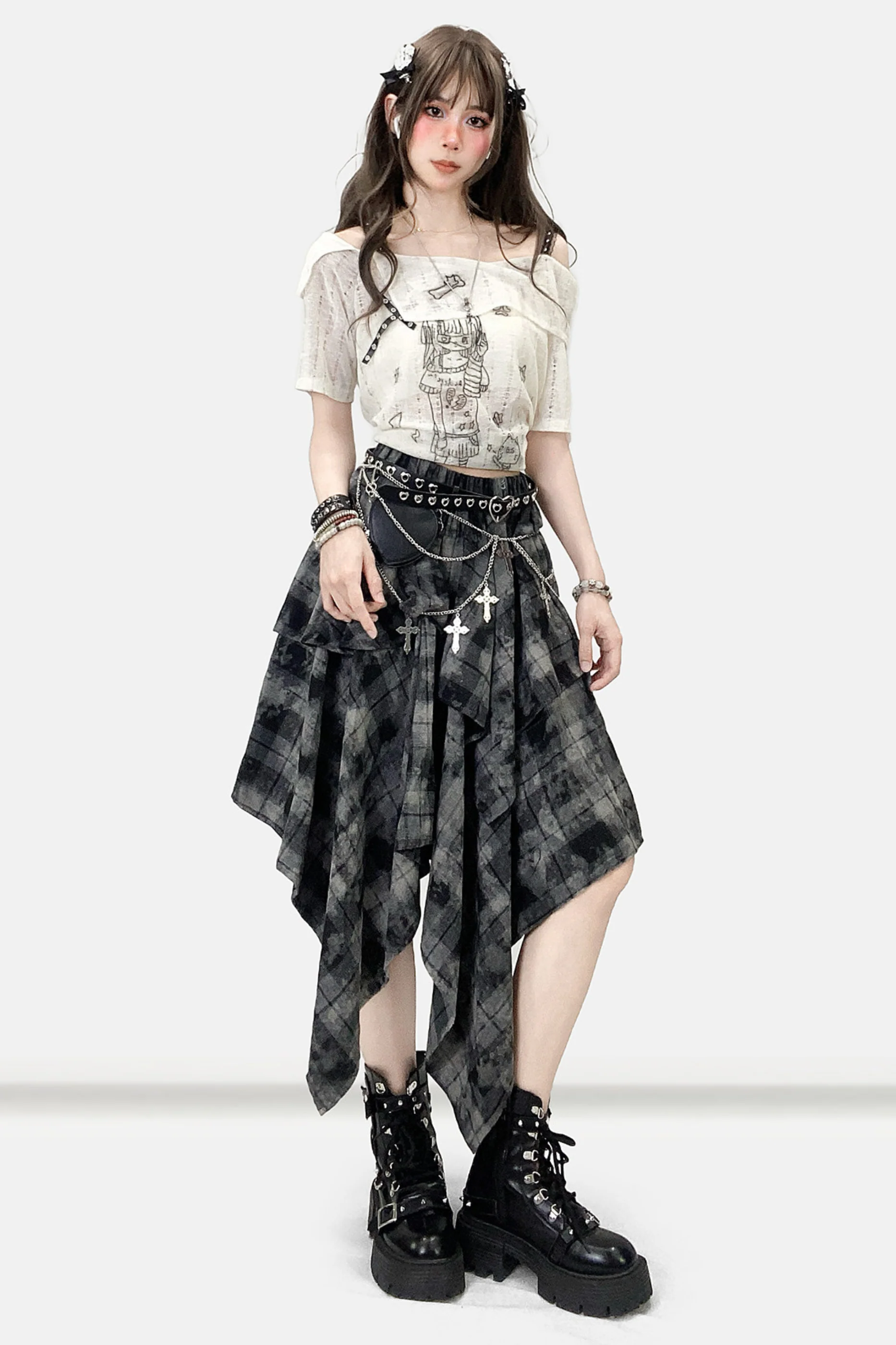 Retro Check Asymmetrical Skirt - Image 5