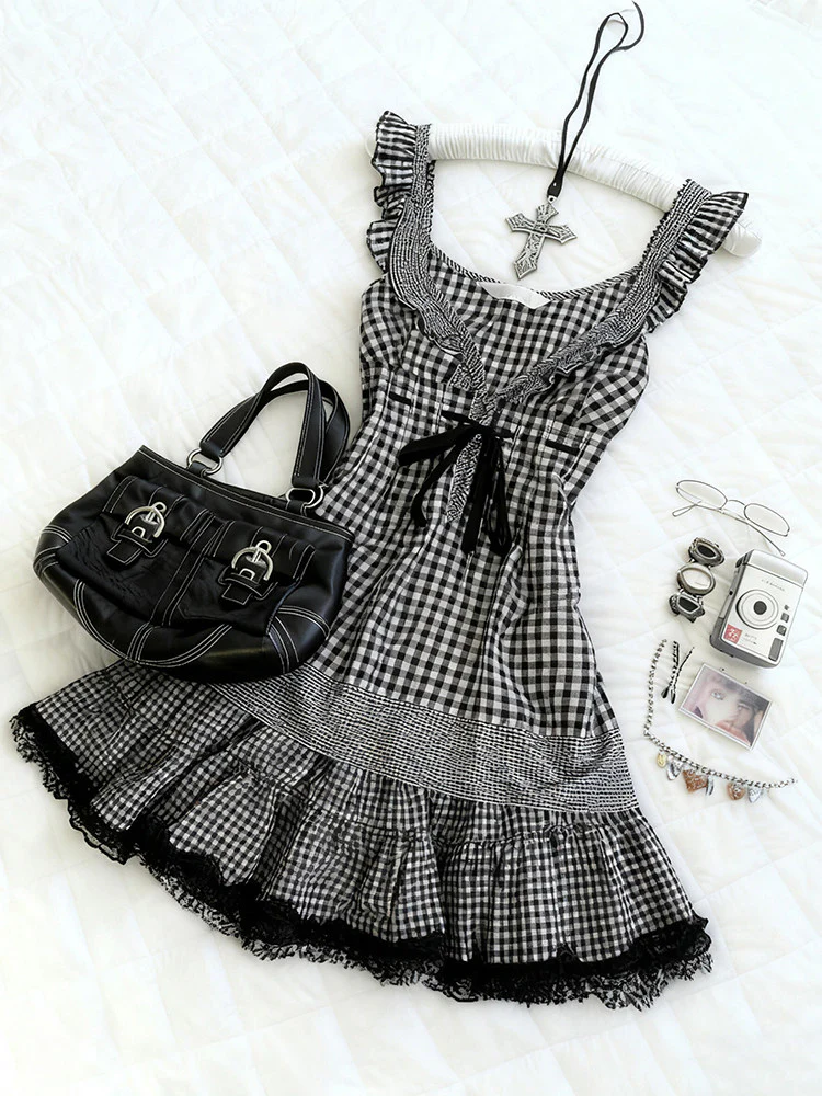 retro plaid bow lace dress - Image 2