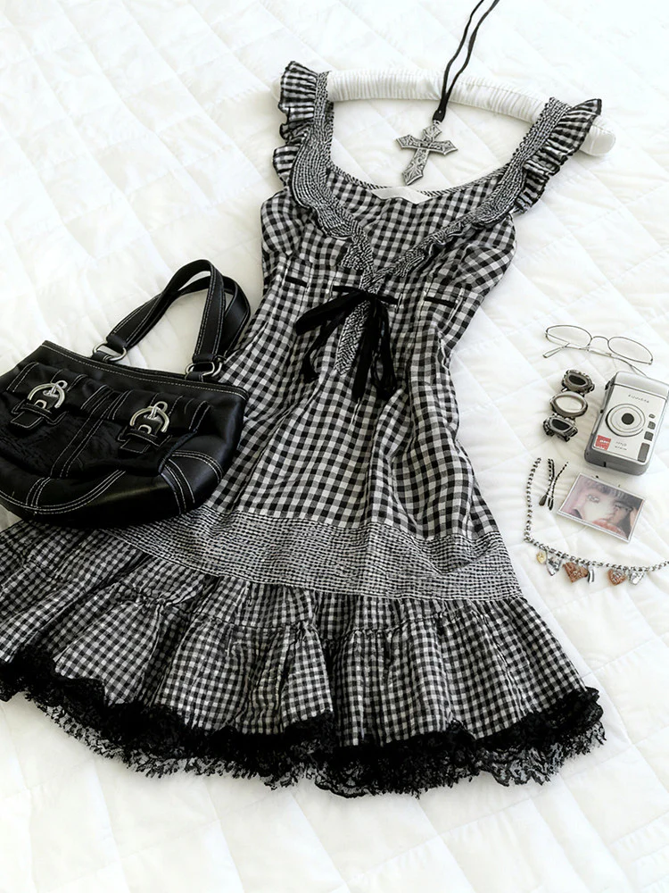 retro plaid bow lace dress - Image 3