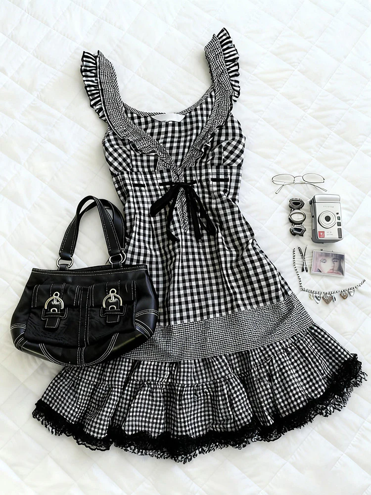 retro plaid bow lace dress - Image 4