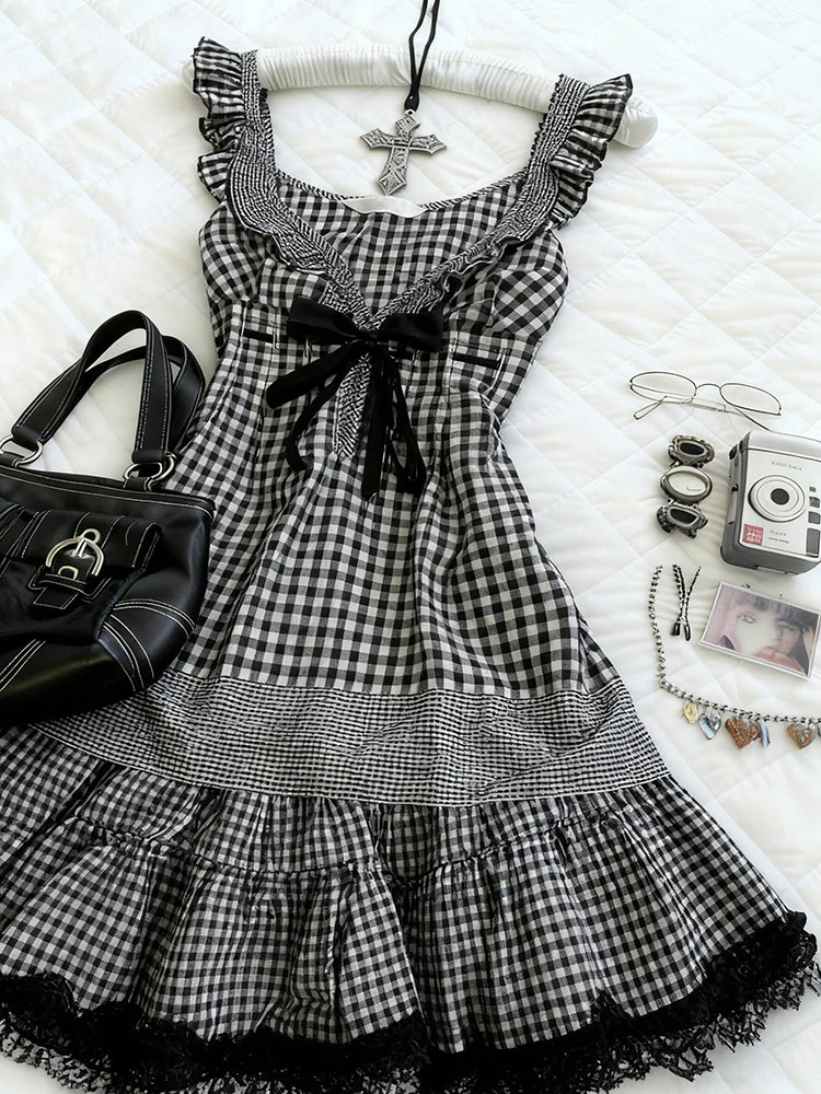 retro plaid bow lace dress - Image 5