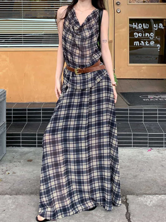 Retro Plaid Collar Camisole + Skirt Suit - Image 3