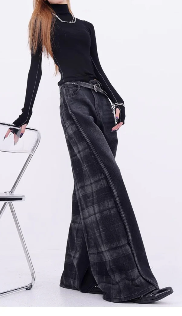 Retro Plaid Contrast Y2K Baggy Jeans - Image 2