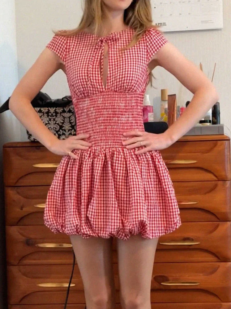 Retro Plaid Flower Bud Dress - Image 2