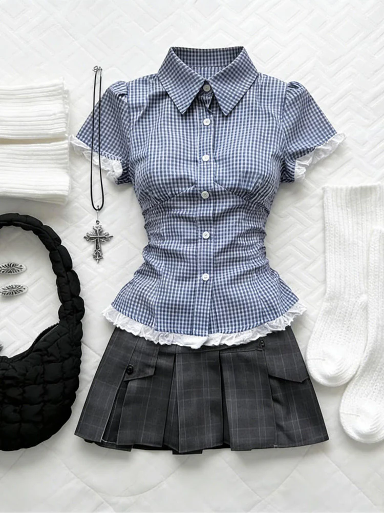 retro plaid lace trim shirt - Image 2