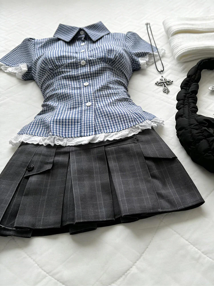 retro plaid lace trim shirt - Image 3