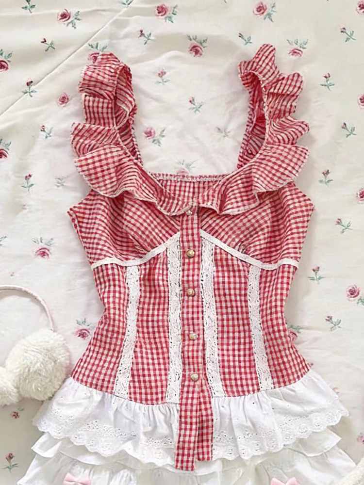 retro plaid red ruffled tank top - Image 5