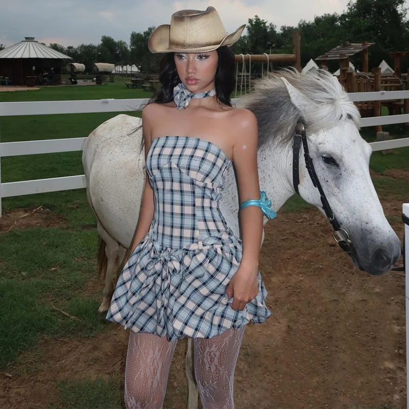 Retro Plaid Rose Dress - Image 4