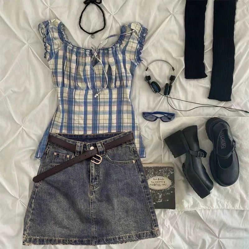 Retro Plaid Top Denim Skirt Set - Image 3