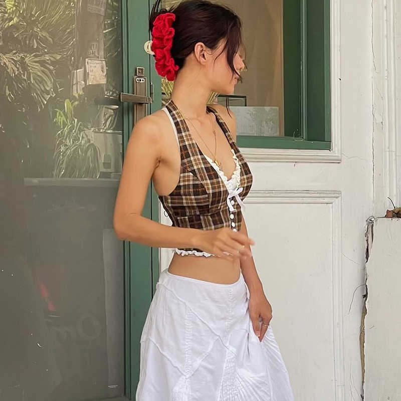 Retro Plaid V-neck Tank Top - Image 3