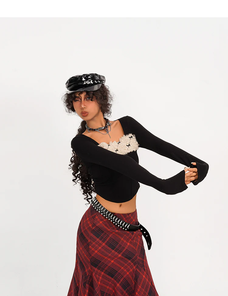 Retro Plush Black Long Sleeve Crop Top - Image 3