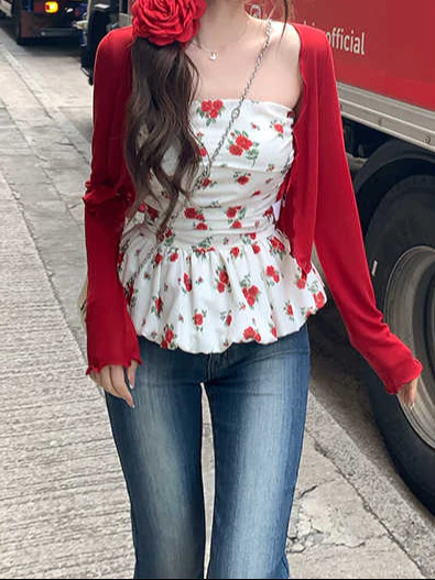 Retro Pure Desire Floral Tube Top + Cardigan - Image 4