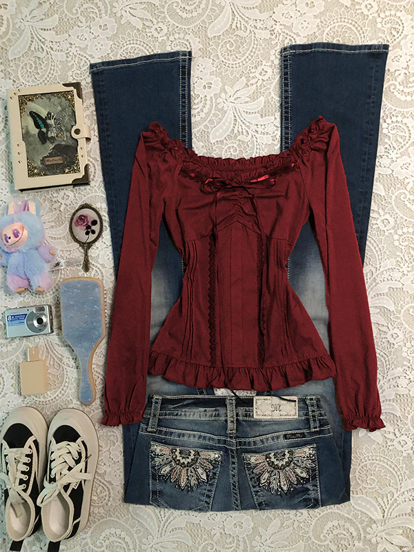 retro red lace bow strap long-sleeved top