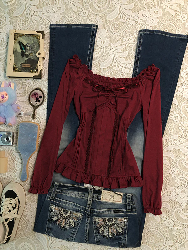 retro red lace bow strap long-sleeved top - Image 2