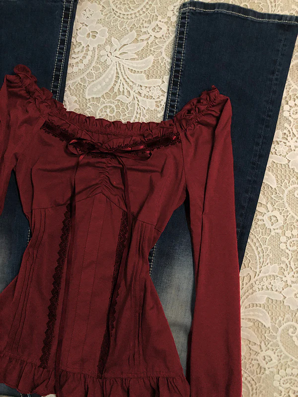 retro red lace bow strap long-sleeved top - Image 3