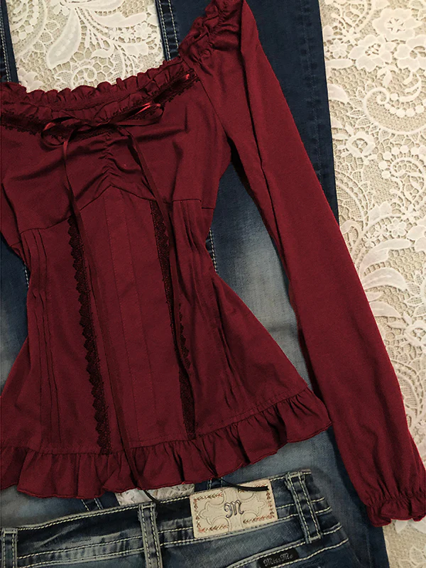 retro red lace bow strap long-sleeved top - Image 4