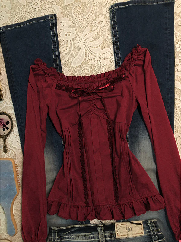 retro red lace bow strap long-sleeved top - Image 5