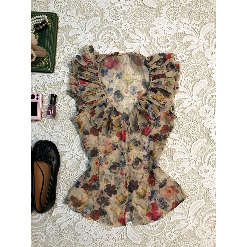 Retro Ruffled V-neck Chiffon Shirt - Image 4