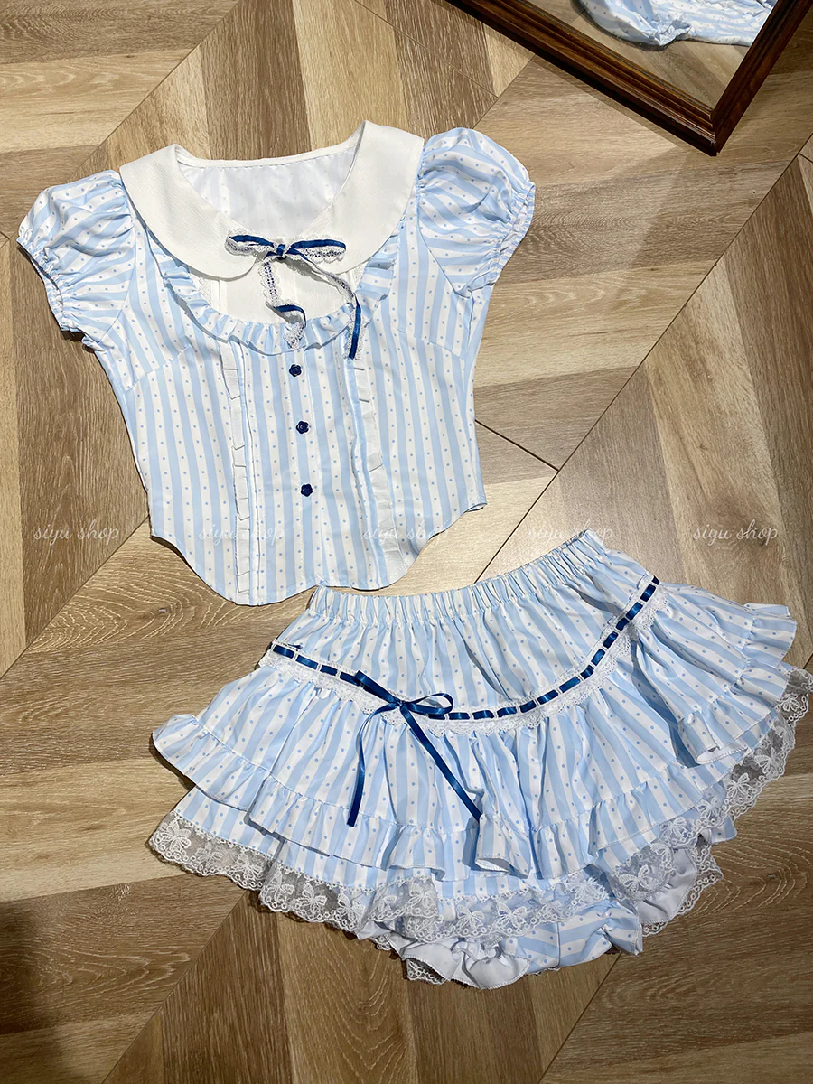 Retro Striped Bow Top Cake Skirt Suit - Image 2