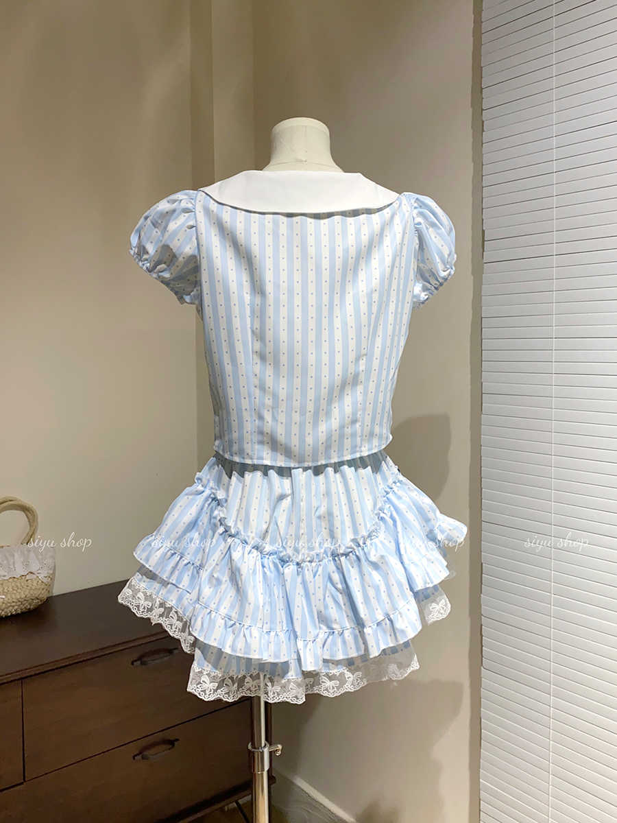 Retro Striped Bow Top Cake Skirt Suit - Image 3