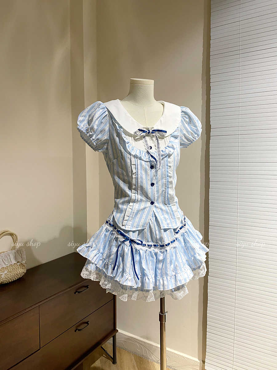 Retro Striped Bow Top Cake Skirt Suit - Image 4