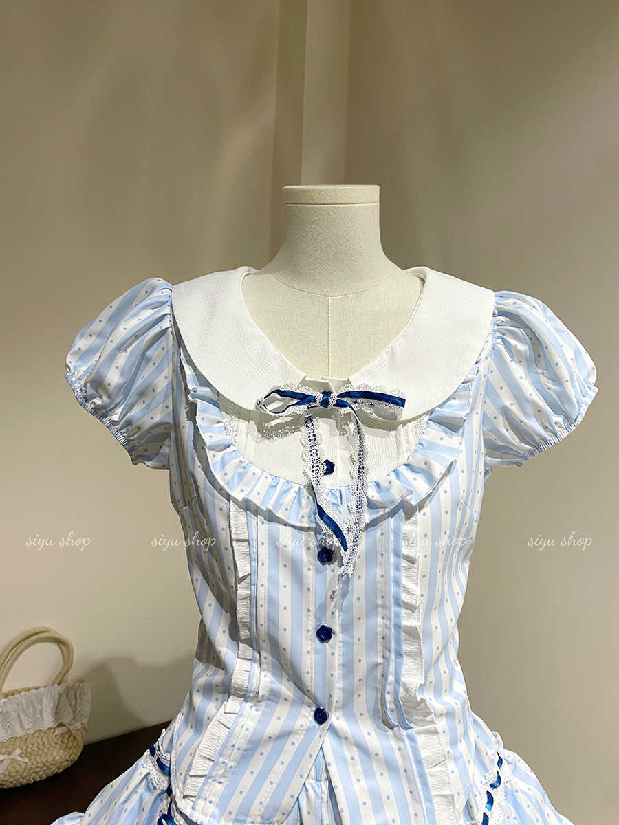 Retro Striped Bow Top Cake Skirt Suit - Image 5