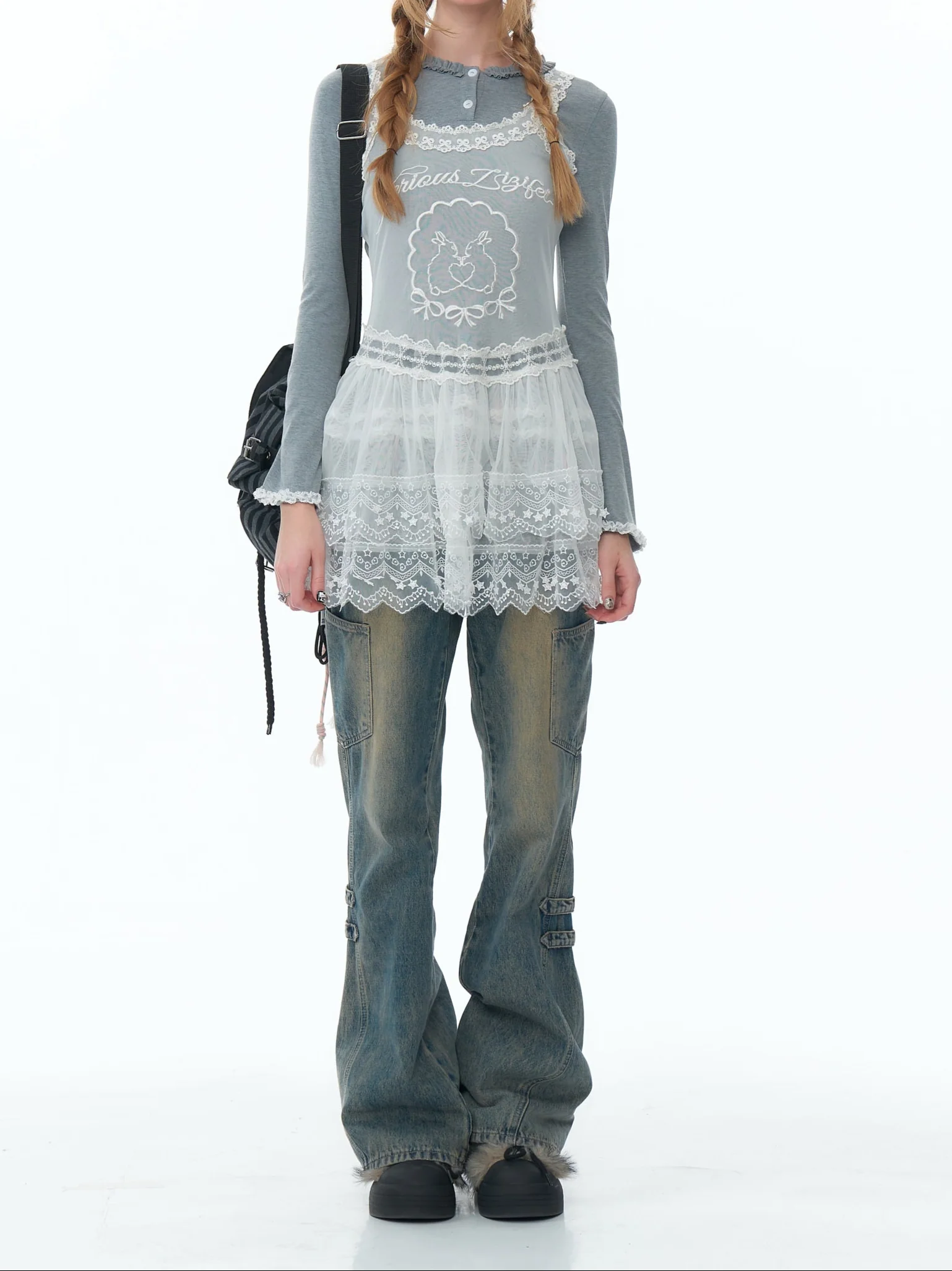 Retro Structure Wide-leg Washed Blue Jeans - Image 7