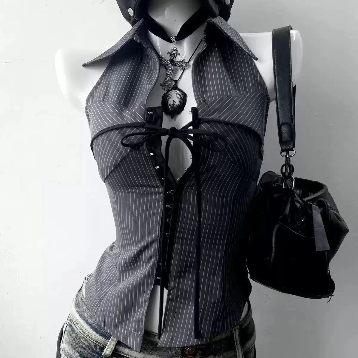 retro style striped stand collar sleeveless shirt
