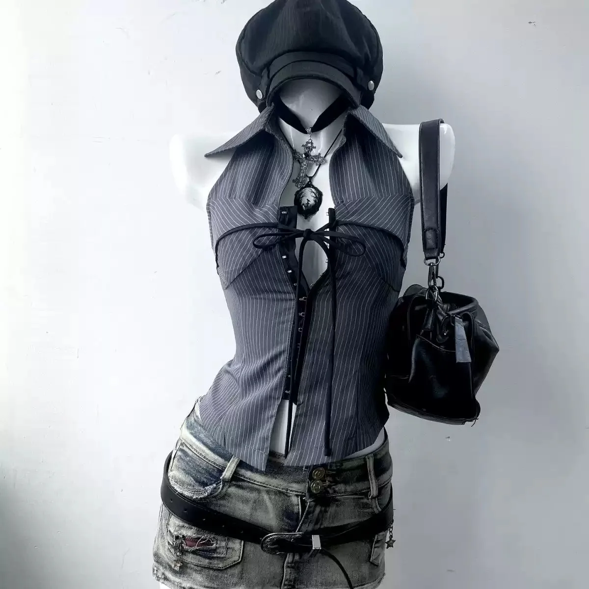 retro style striped stand collar sleeveless shirt - Image 4