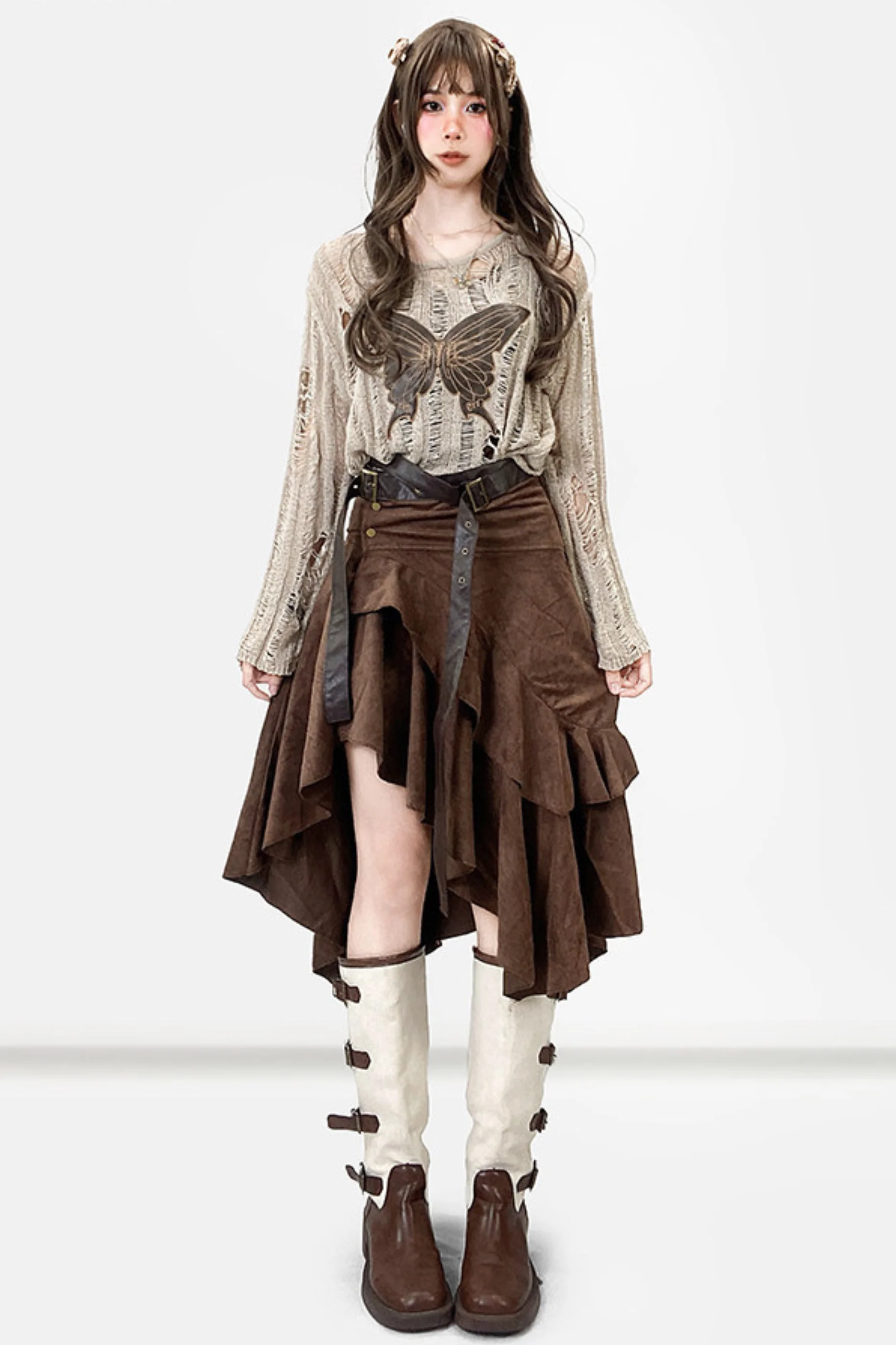 Retro Suede Asymmetrical Skirt - Image 3