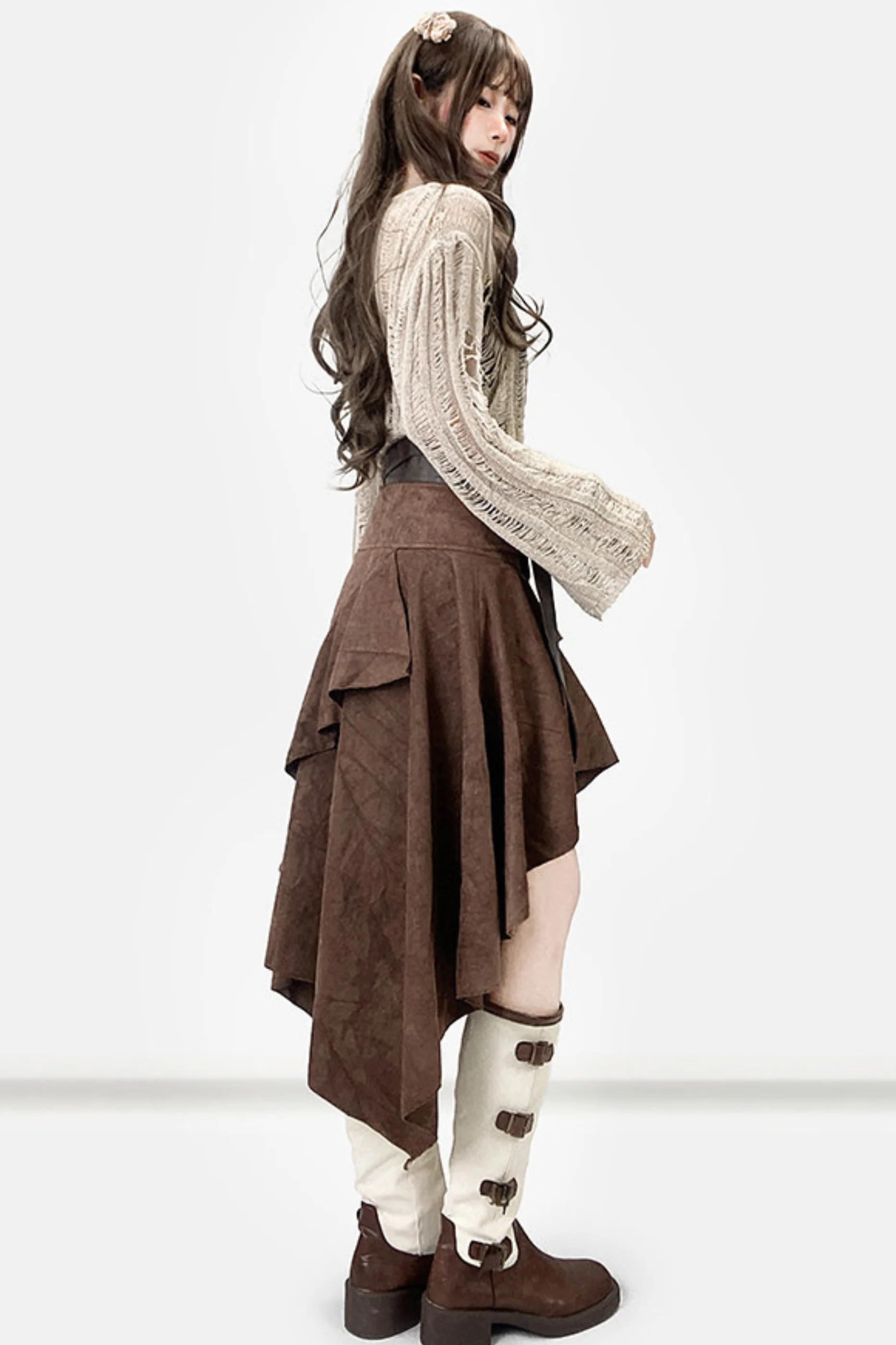 Retro Suede Asymmetrical Skirt - Image 4