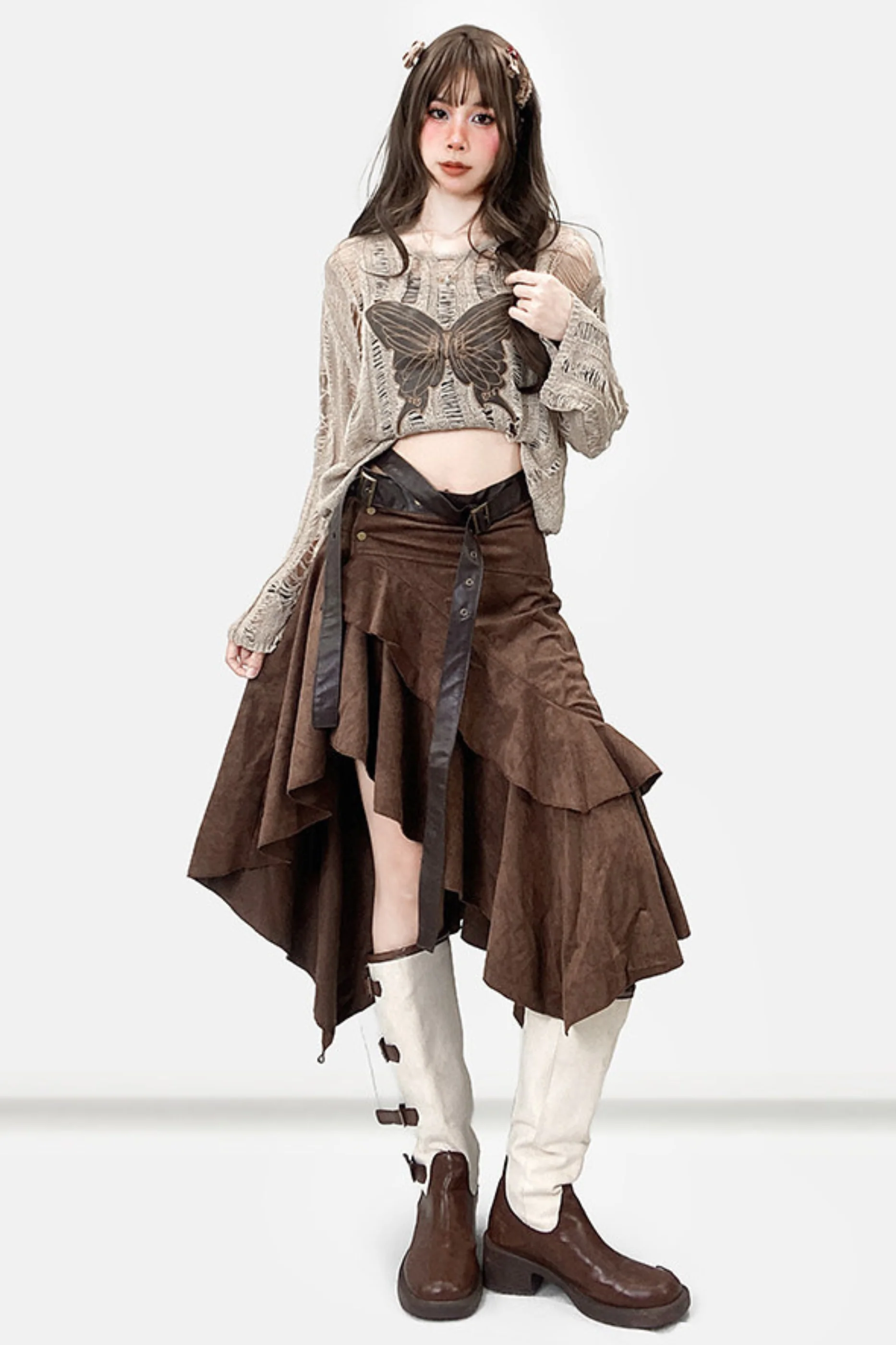 Retro Suede Asymmetrical Skirt - Image 5