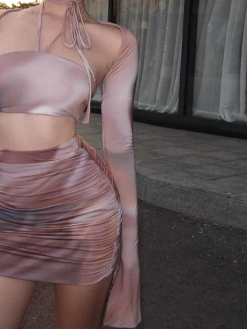 Retro Tie-Dye Tight Halter Top + Skirt Suit - Image 3