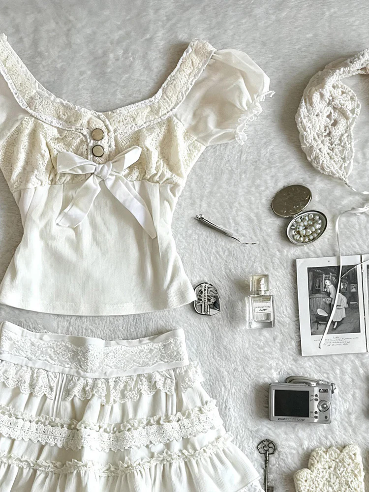retro white lace top+skirt suit - Image 4