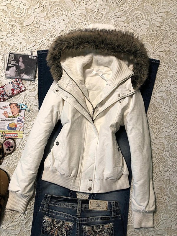 retro white quilted fur collar hooded cotton coat - Image 2