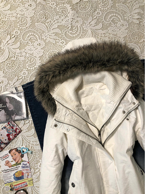 retro white quilted fur collar hooded cotton coat - Image 3