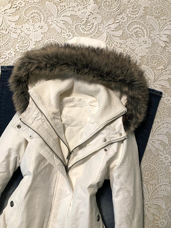 retro white quilted fur collar hooded cotton coat - Image 4